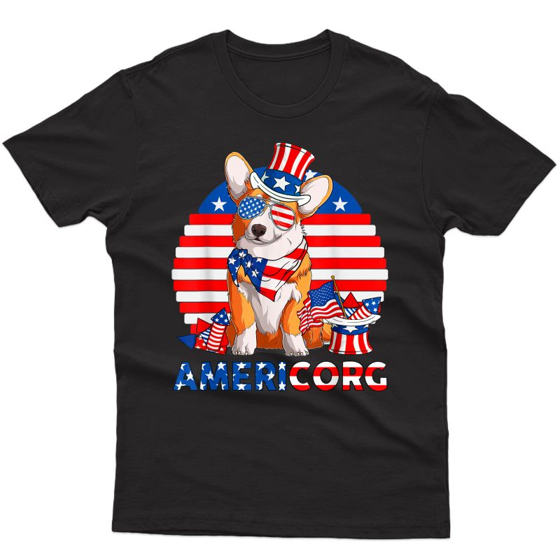 Americorg Funny Corgi Dog Fourth Of July 4th American Flag T-shirt