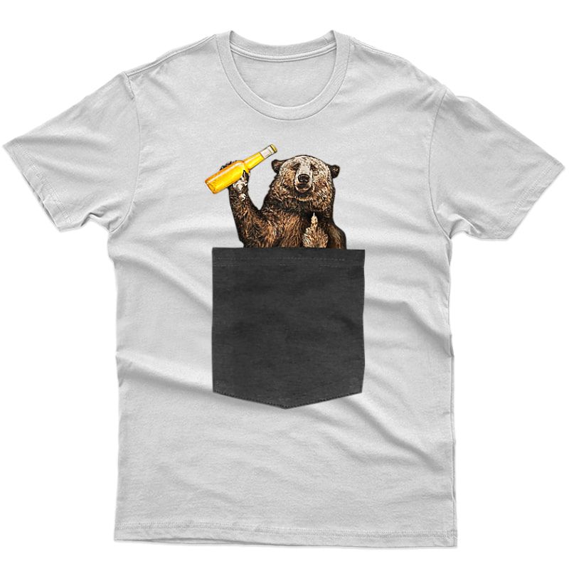 Camping Bear Drinking Beer In Pocket T Shirt