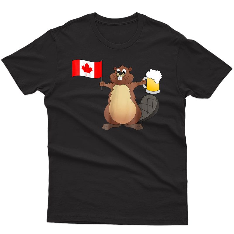 Funny Beaver Holding Canada Flag Beer T-shirt Drinker Drink