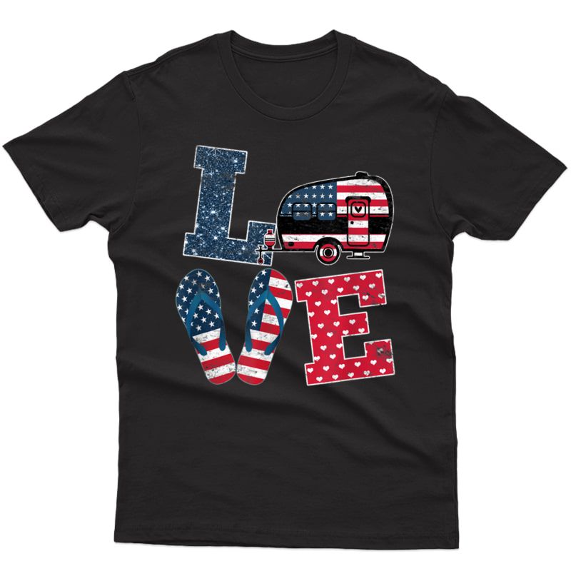 Love Camping Usa Flag 4th Of July Flip Flop Camper Usa Flag T-shirt