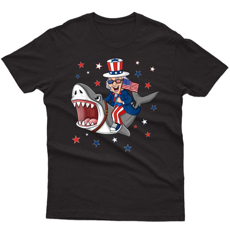 Uncle Sam Riding Shark 4th Of July Patriotic Funny T-shirt